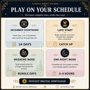 Flexible play schedule with five to fifteen minutes per day, no cutting, no hidden household clues and catch-up play supported.