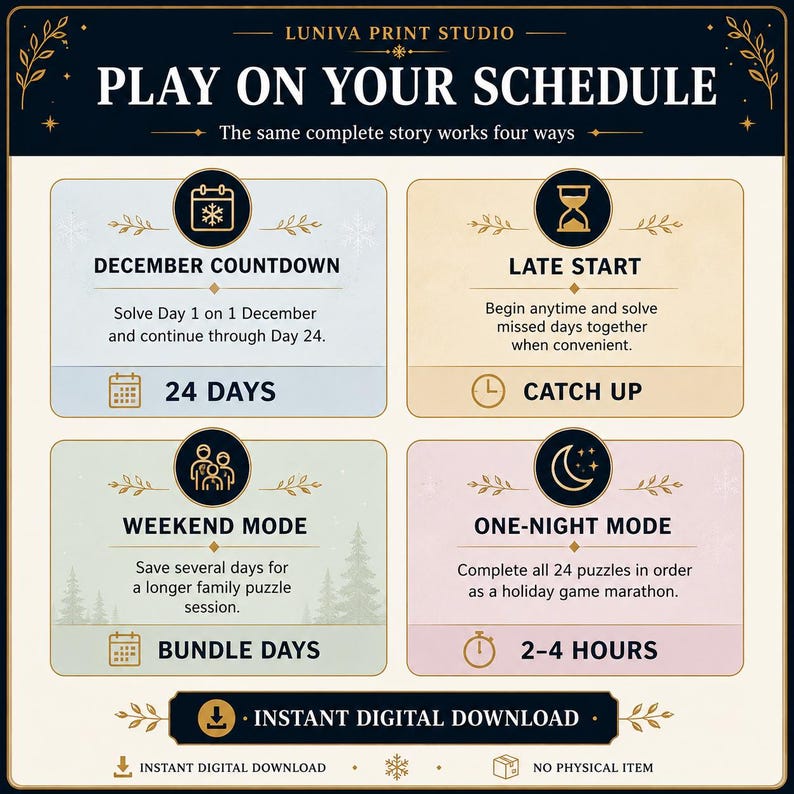 Flexible play schedule with five to fifteen minutes per day, no cutting, no hidden household clues and catch-up play supported.