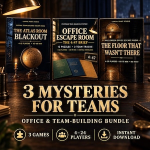 Op de afbeelding: Een bundel van drie printbare teambuilding-mysteriespellen genaamd The Atlas Room Blackout, Office Escape Room The 4:47 Brief en The Floor That Wasn't There, voorzien van gouden tekst op donkere achtergronden en diverse iconen.