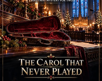 May include: An open, dark-colored instrument case with a deep red velvet interior sits on a wooden surface. Text reads: LUNIVA PRINT STUDIO, CHRISTMAS MYSTERY FOR TWO, THE CAROL THAT NEVER PLAYED, 2 PLAYERS | PRINTABLE PDF. The scene is set in a church.