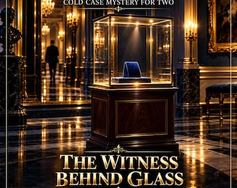 May include: A game titled LUNIVA PRINT STUDIO COLD CASE MYSTERY FOR TWO THE WITNESS BEHIND GLASS 2 PLAYERS 60-90 MINUTES featuring a dark wooden pedestal with a glass display case containing a blue velvet stand inside a grand, dimly lit hall.