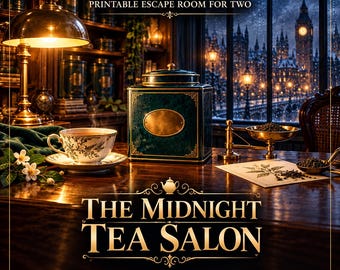 May include: A printable escape room game titled The Midnight Tea Salon for two players. The image features a dark green tea canister, a floral teacup on a saucer, loose tea leaves, and a botanical print on a wooden table, with text overlays.