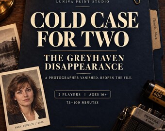 May include: A dark blue file folder labeled LUNIVA PRINT STUDIO COLD CASE FOR TWO THE GREYHAVEN DISAPPEARANCE. It includes a vintage photograph of a person labeled MARA FENWICK 1988, a Kodak 400 film roll, and a Pentax K1000 camera.