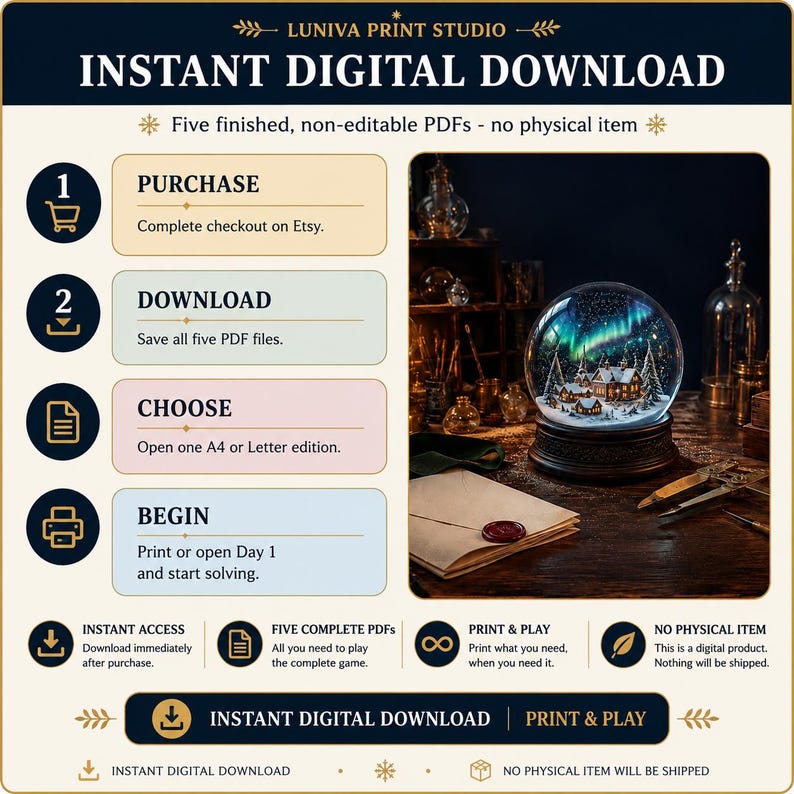 Instant digital download instructions for five non-editable PDFs, with no physical snow globe, advent calendar, props or printed book shipped.