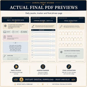 Actual final PDF previews showing a daily puzzle page, the advent answer tracker and the final extraction page from The Snowglobe Cipher.