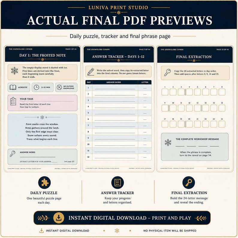 Actual final PDF previews showing a daily puzzle page, the advent answer tracker and the final extraction page from The Snowglobe Cipher.