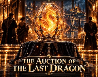 May include: A digital game cover titled THE AUCTION OF THE LAST DRAGON, featuring a glowing, fiery dragon egg inside an ornate metal cage on a dark velvet-draped table. The text reads SOLO RPG ADVENTURE, ONE PLAYER, LEVEL 2, NO GAME MASTER, GMLESS 5E ONE SHOT, PRINTABLE PDF, and LUNIVA PRINT STUDIO.