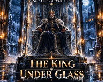 May include: A digital game cover titled LUNIVA PRINT STUDIO SOLO RPG ADVENTURE THE KING UNDER GLASS 1 PLAYER / LEVEL 2 / GMLESS. It features a bearded king in a crown and fur-trimmed blue robes sitting on a throne inside a glowing glass cylinder.