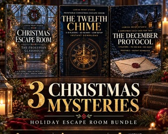 May include: A printable Christmas mystery bundle featuring three game covers: Christmas Escape Room The Frostfern Glasshouse, The Twelfth Chime, and The December Protocol. The text 3 Christmas Mysteries Holiday Escape Room Bundle is displayed.