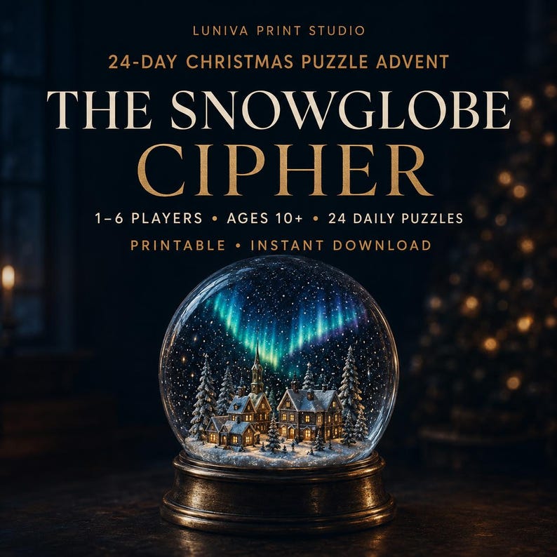 Christmas Puzzle Advent Calendar printable featuring The Snowglobe Cipher, a 24-day family mystery for teens and adults with one puzzle per day.