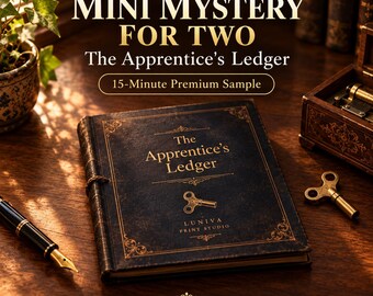 May include: A dark brown, leather-bound book titled The Apprentice's Ledger with gold embossed text and a clockwork key icon. The cover features ornate corner flourishes. Beside the book lies a fountain pen and a small brass winding key.