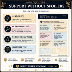 Accessibility and support summary with gentle hints, worked solutions, selectable text, no colour-only rules and no outside knowledge required.