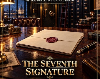 May include: A beige envelope with a red wax seal featuring a fleur-de-lis design rests on a dark wooden desk. The text reads LUNIVA PRINT STUDIO, OFFICE DETECTIVE ESCAPE ROOM, THE SEVENTH SIGNATURE, 4-24 PLAYERS, and 45-70 MINUTES.