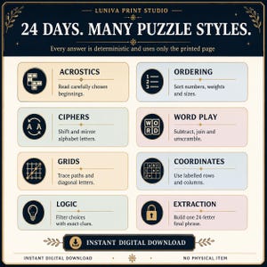 Overview of printable puzzle variety including acrostics, ordering, ciphers, word subtraction, coordinate grids, logic clues and letter weaving.