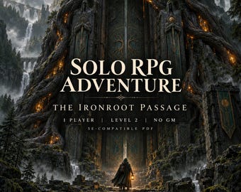 May include: A digital solo RPG adventure module titled The Ironroot Passage, 5E-compatible PDF. The cover art features a cloaked figure standing before a massive, ancient stone gate integrated into a giant tree, with waterfalls and mountains.
