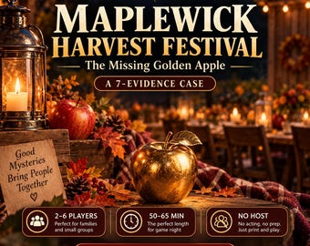 Juego de misterio de Acción de Gracias / Expediente de detective familiar imprimible y rompecabezas de la cosecha. Para mayores de 10 años.