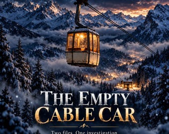 May include: A printable PDF game titled The Empty Cable Car by Luniva Print Studio, featuring a snowy mountain landscape with a lit cable car suspended above pine trees. The text reads Cold Case For Two, Two files. One investigation. 2 Players.