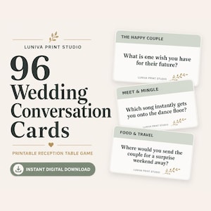 May include: A set of 96 wedding conversation cards featuring the text Luniva Print Studio, The Happy Couple, Meet & Mingle, and Food & Travel. The cards include questions for guests and are presented as a printable reception table game.