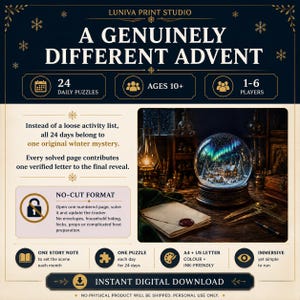 Premium 24-day Christmas mystery format with a short story clue, one self-contained daily puzzle and a final phrase revealed on day twenty-four.