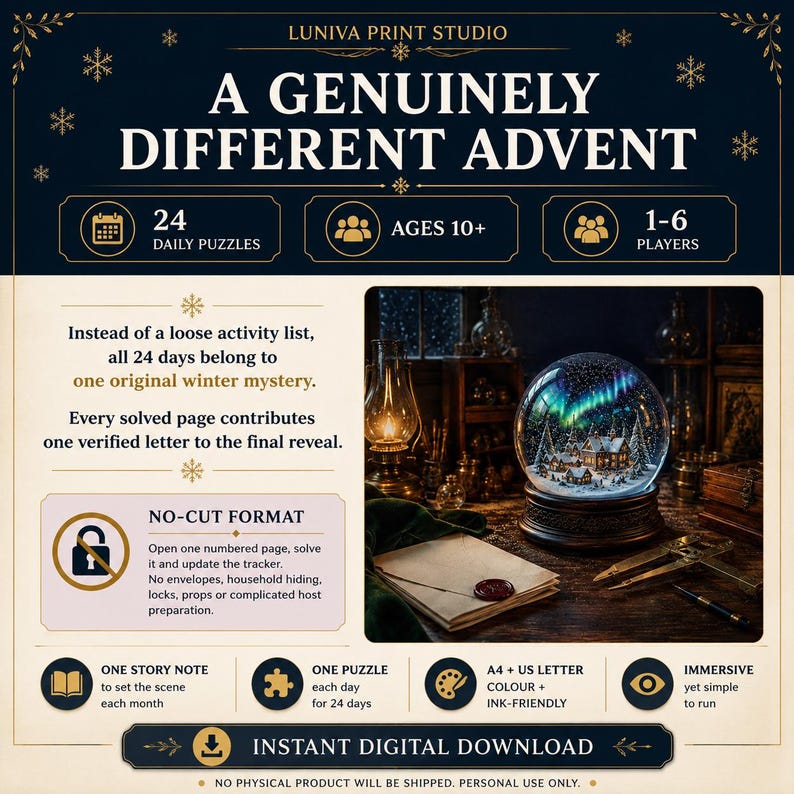 Premium 24-day Christmas mystery format with a short story clue, one self-contained daily puzzle and a final phrase revealed on day twenty-four.