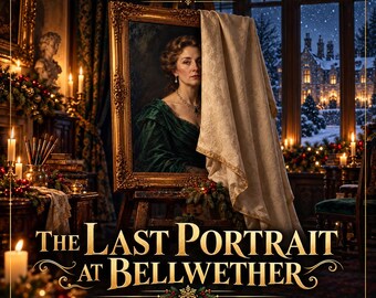 May include: A printable PDF game titled The Last Portrait at Bellwether, Christmas Cold Case for Two. The image features a gold-framed portrait of a person in a green dress, partially covered by a cream fabric, set on an easel in a room.