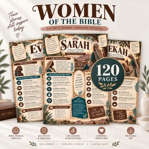May include: A digital product display titled Women of the Bible featuring three informational pages about Eve, Sarah, and Rebekah. The pages include text, illustrations, and key scriptures. A circular badge in the center states 120 Pages.