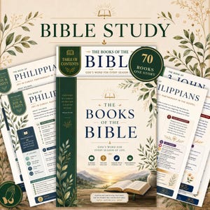 May include: A collection of Bible study materials featuring a central guide titled The Books of the Bible, God's Word for Every Season of Life. The pages include detailed book timelines, key themes, and scripture references with botanical illustrations.