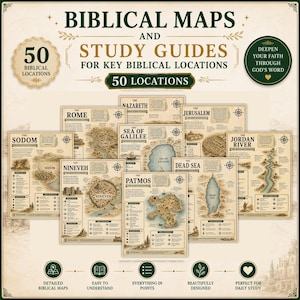 May include: A collection of 50 biblical maps and study guides featuring historical locations like Jerusalem, Rome, and the Sea of Galilee. Each parchment-style document includes detailed illustrations, descriptive text, and compass rose icons.