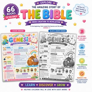 May include: A colorful educational poster titled Explore The Amazing Story Of The Bible, featuring two versions of a Genesis study sheet. The design includes cartoon illustrations of Noah's Ark, a rainbow, and text detailing key biblical facts.