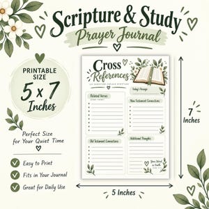 K&ouml;nnte beinhalten: Eine druckbare 5 x 7 Zoll gro&szlig;e Scripture and Study Gebetstagebuch-Seite mit einem Cross References-Layout. Das Blatt enth&auml;lt Abschnitte f&uuml;r Related Verses, New Testament Connections, Old Testament Connections und Additional Thoughts mit floralen Akzenten.