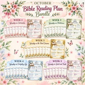 May include: A digital Bible reading plan bundle for October featuring five weekly sections with floral borders. Each section includes daily study sheets with prompts for scripture, prayer, and reflection. The text reads October Bible Reading Plan Bundle.