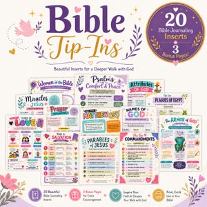 May include: A collection of 20 Bible journaling inserts and 3 bonus pages featuring colorful illustrations and text. Titles include Women of the Bible, Psalms of Comfort & Peace, Attributes of God, Miracles of Jesus, and The Armor of God.