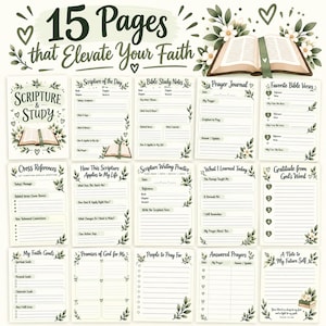 K&ouml;nnte beinhalten: Ein Set aus 15 druckbaren Seiten f&uuml;r ein Glaubenstagebuch mit botanischen Illustrationen aus gr&uuml;nen Bl&auml;ttern und wei&szlig;en Bl&uuml;ten. Jede Seite enth&auml;lt &Uuml;berschriften wie Scripture & Study, Prayer Journal und Bible Study Notes mit linierten Bereichen.