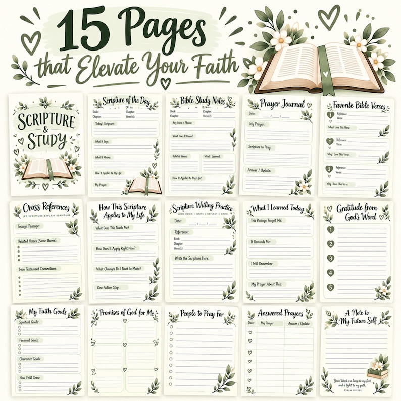 K&ouml;nnte beinhalten: Ein Set aus 15 druckbaren Seiten f&uuml;r ein Glaubenstagebuch mit botanischen Illustrationen aus gr&uuml;nen Bl&auml;ttern und wei&szlig;en Bl&uuml;ten. Jede Seite enth&auml;lt &Uuml;berschriften wie Scripture & Study, Prayer Journal und Bible Study Notes mit linierten Bereichen.