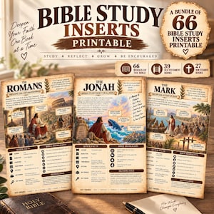 Könnte beinhalten: Ein druckbares Bibelstudien-Einlagen-Set mit 66 Seiten. Drei Beispielblätter mit den Titeln The Romans, The Jonah und The Mark sind abgebildet, die jeweils historische Zusammenfassungen, Fakten und Höhepunkte mit biblischen Illustrationen enthalten.
