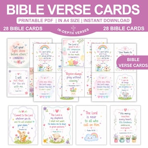 May include: A set of 28 printable Bible verse cards in A4 size, featuring colorful illustrations of animals, flowers, and rainbows. Each card displays a unique scripture passage with decorative borders and text, including verses from Matthew, Luke, and Psalms.