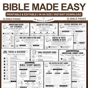 Può includere: Una raccolta di ventuno schede di studio biblico stampabili in bianco e nero. Le pagine presentano intestazioni come Bible Made Easy, Digging Into God's Word e Bible Discovery Guide, con sezioni dedicate ad appunti, liste di controllo e studio.