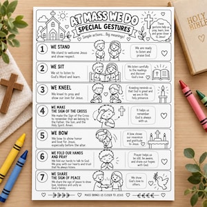 May include: A black and white educational activity sheet titled At Mass We Do Special Gestures. The page features seven numbered sections illustrating religious actions like standing, sitting, kneeling, and praying, accompanied by descriptive text.