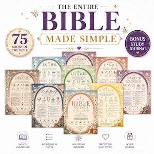 May include: A collection of Bible study charts featuring the text The Entire Bible Made Simple and Bible Books Bundle. The set includes individual sheets for books like Genesis, Esther, and Daniel, with colourful illustrations, icons, and text summaries.