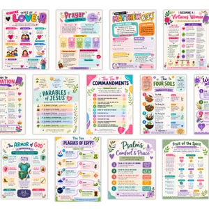 May include: A collection of twelve colorful educational posters featuring Christian themes including the Ten Commandments, Armor of God, Parables of Jesus, and various biblical studies with illustrated icons, text, and organized lists on white backgrounds.