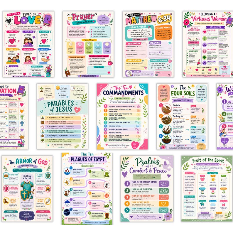 May include: A collection of twelve colorful educational posters featuring Christian themes including the Ten Commandments, Armor of God, Parables of Jesus, and various biblical studies with illustrated icons, text, and organized lists on white backgrounds.