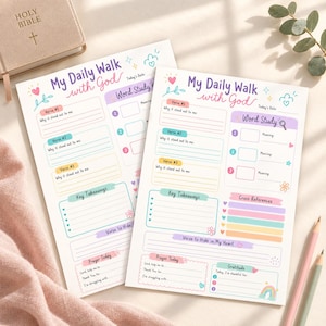 May include: Two white paper sheets titled My Daily Walk with God featuring colourful sections for verse study, key takeaways, prayer requests, and gratitude. The layout includes pastel-coloured boxes, hearts, and floral icons for daily spiritual journaling.