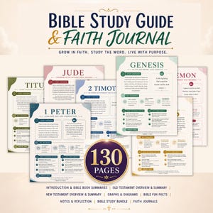 May include: A Bible study guide and faith journal featuring multiple printed pages with headers like Genesis, Jude, 2 Timothy, and 1 Peter. A circular badge in the center displays the text 130 PAGES. The layout includes sections for story overviews, key takeaways, and reflection questions.