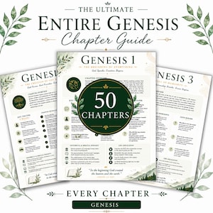Può includere: Una guida digitale intitolata The Ultimate Entire Genesis Chapter Guide con tre pagine di testo e grafica. La pagina centrale mostra 50 Chapters in un cerchio verde scuro, circondato da illustrazioni di foglie e disegni di montagne.
