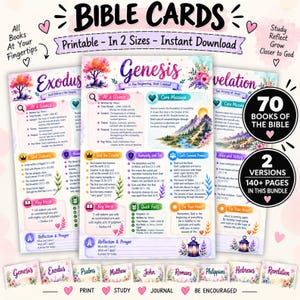 Puede incluir: Un conjunto de tarjetas de estudio bíblico imprimibles con diseños florales en acuarela y texto que incluye Génesis, Éxodo y Apocalipsis. Las tarjetas muestran versículos clave, mensajes y reflexiones. El paquete incluye 70 libros de la Biblia.