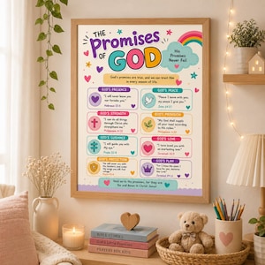 May include: A framed wall art print titled The Promises of God featuring colorful text, a rainbow, and eight distinct sections with biblical verses, icons, and encouraging phrases in a light-colored, illustrated design on a white background.
