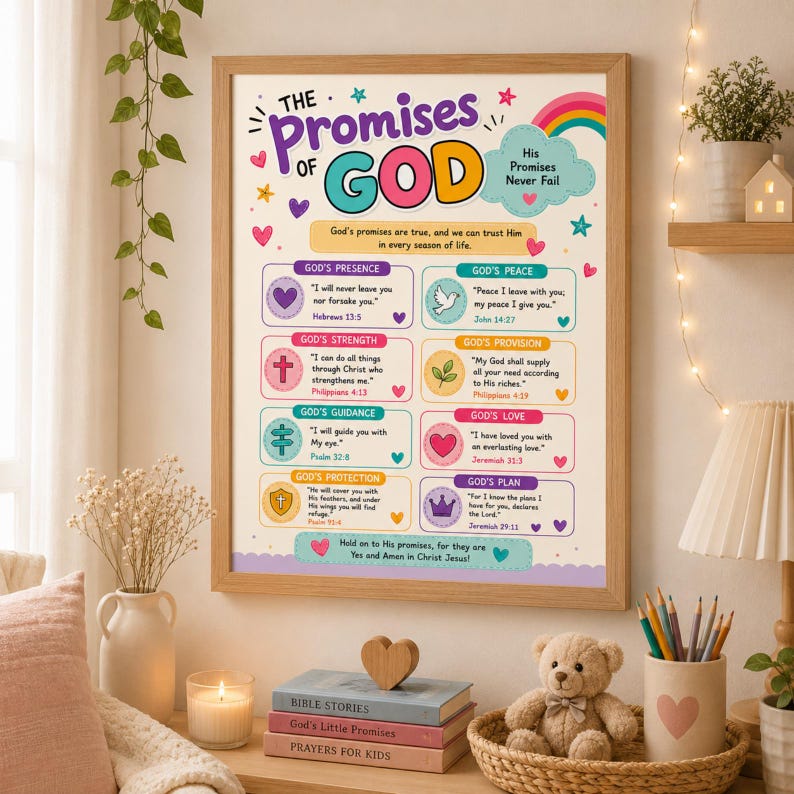 May include: A framed wall art print titled The Promises of God featuring colorful text, a rainbow, and eight distinct sections with biblical verses, icons, and encouraging phrases in a light-colored, illustrated design on a white background.