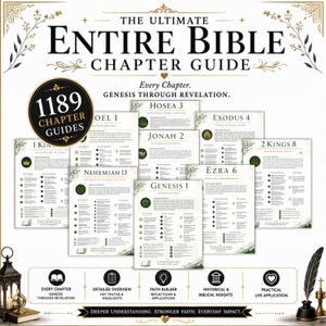 Könnte beinhalten: Eine Sammlung von Bibelkapitel-Leitfäden mit dem Titel The Ultimate Entire Bible Chapter Guide, die 1189 Leitfäden von Genesis bis Offenbarung enthält. Jedes Blatt bietet einen Überblick, wichtige Wahrheiten und Reflexionen in Weiß und Gold.