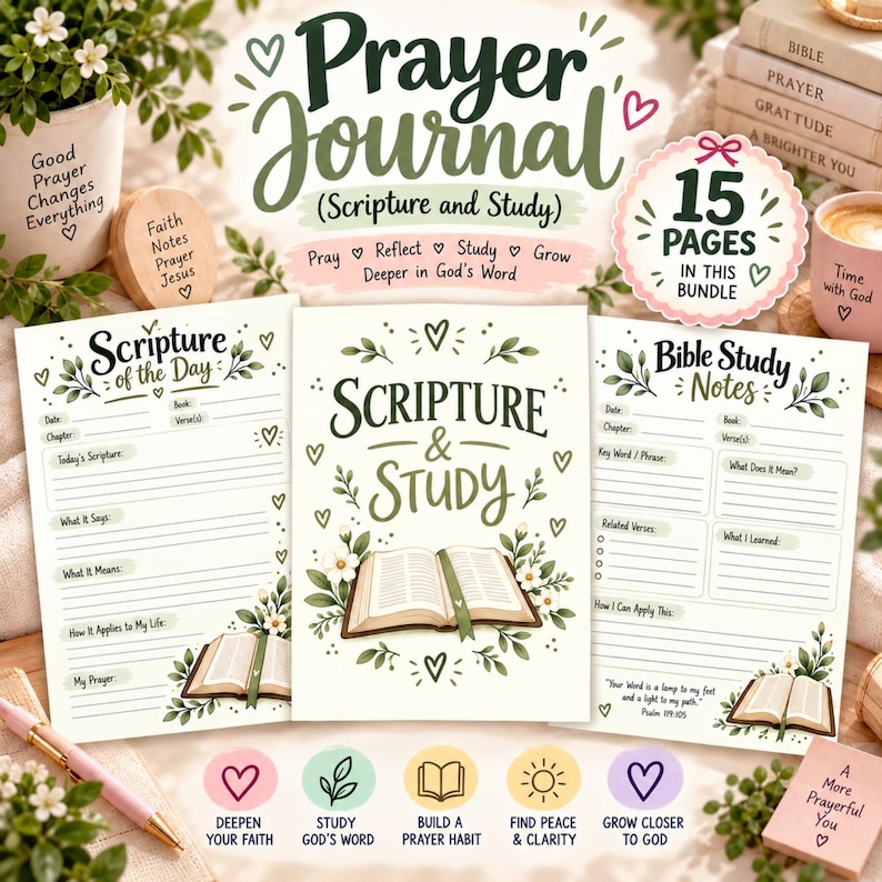 K&ouml;nnte beinhalten: Ein 15-seitiges Gebetstagebuch-Set mit Vorlagen f&uuml;r Schriftstudien. Die Seiten enthalten Abschnitte f&uuml;r die Schriftstelle des Tages und Bibelstudiennotizen mit floralen Illustrationen, Buchgrafiken und dem Text Prayer Journal.
