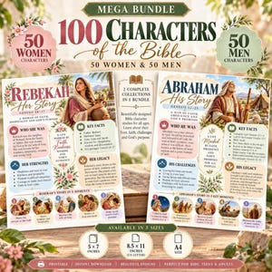 Pode incluir: Um pacote digital com 100 personagens da Bíblia, incluindo 50 mulheres e 50 homens. O conjunto inclui duas coleções completas com estudos detalhados de personagens, fatos principais e cronologias para Rebeca e Abraão, disponível em tamanho A4.